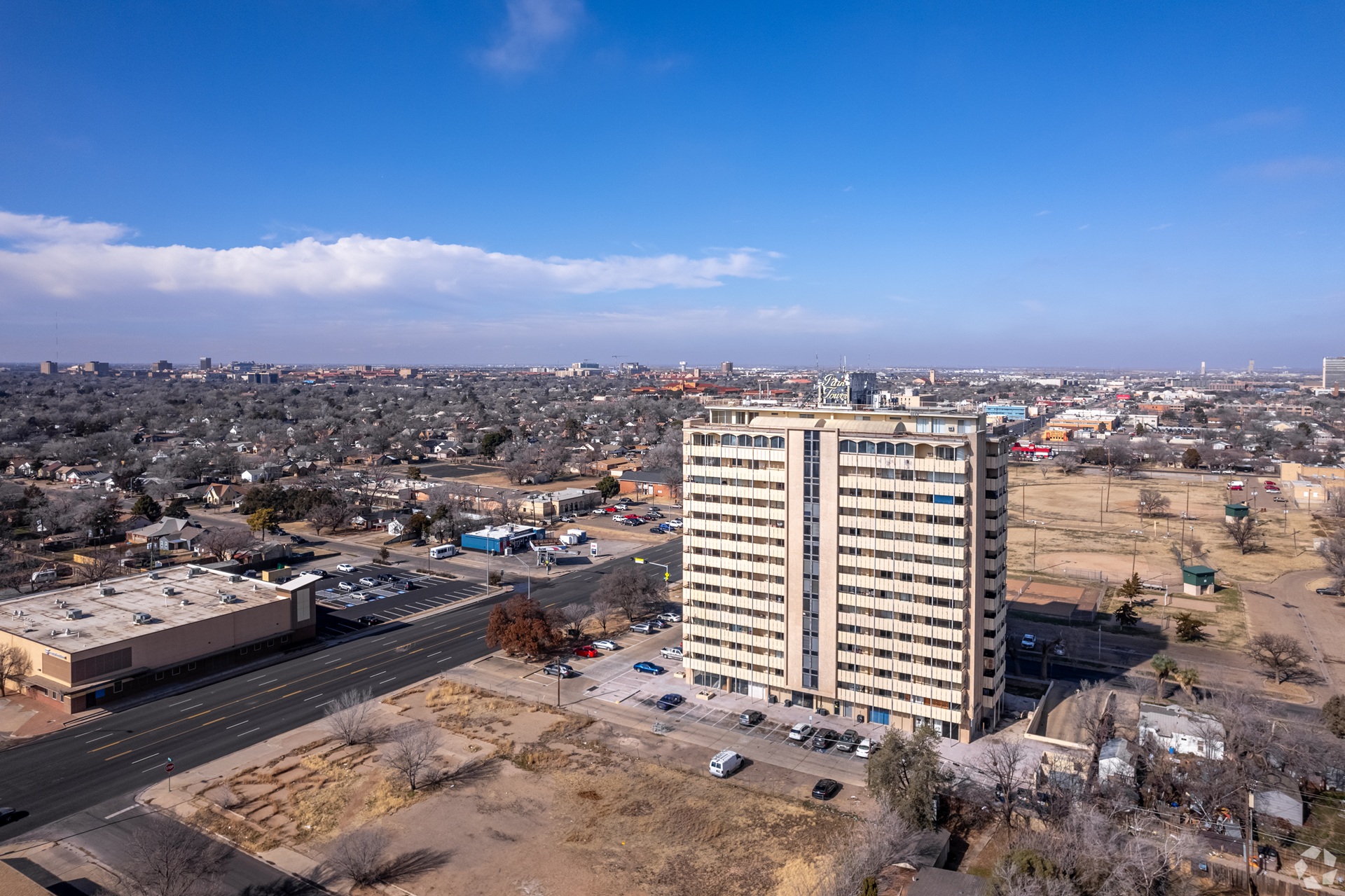 Park Tower Apartments exterior in Lubbock Texas