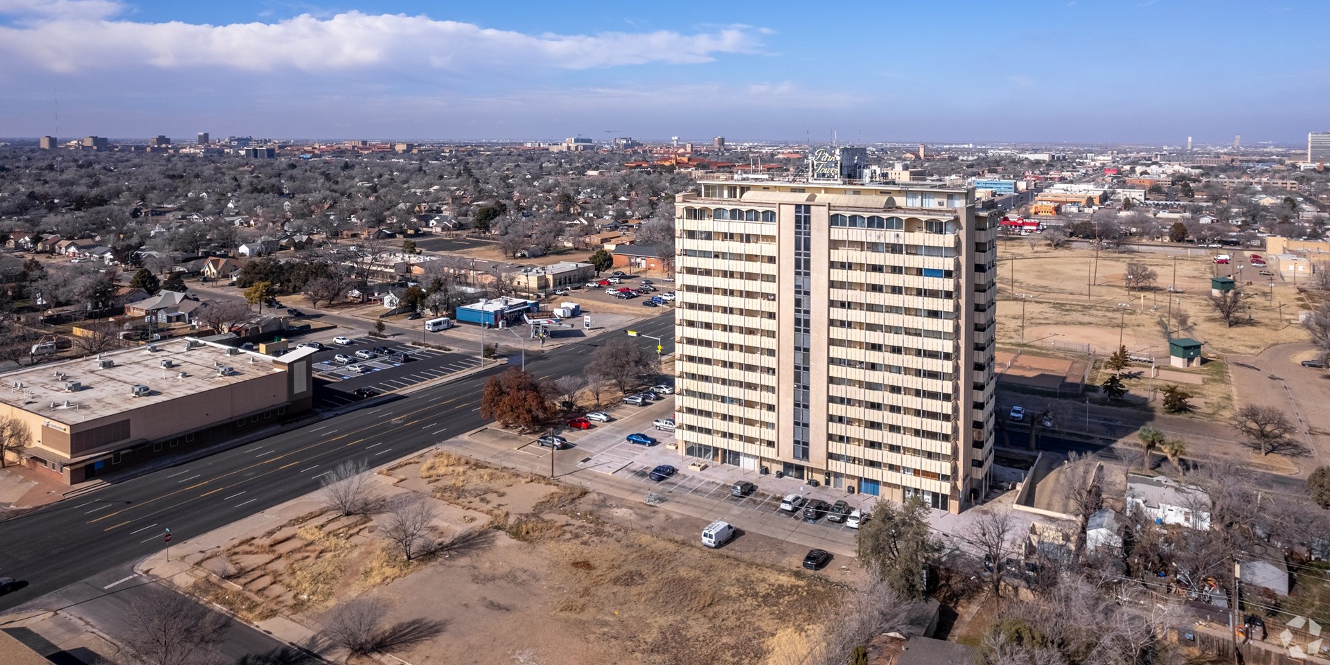 Park Tower Apartments aerial view in Lubbock Texas